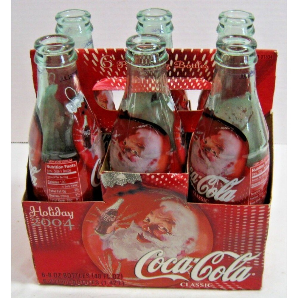 Coca-Cola Classic Holiday 2004 Never Opened 6 Pack Bottles Santa Art With Holder